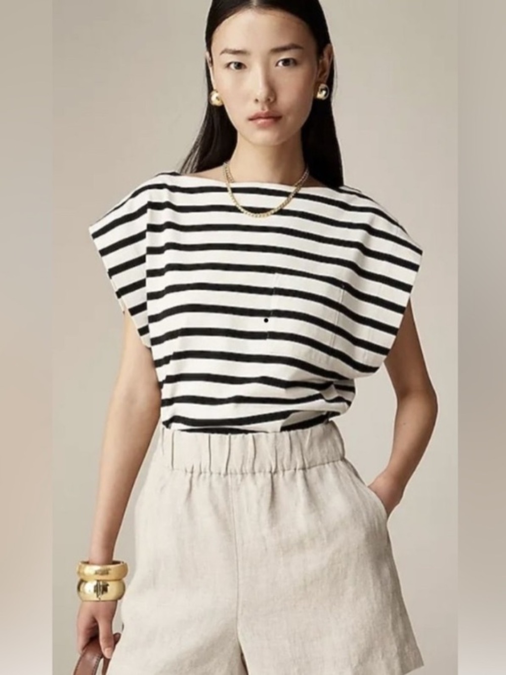 J. Crew Black and White Striped Pocket Boatneck Tee